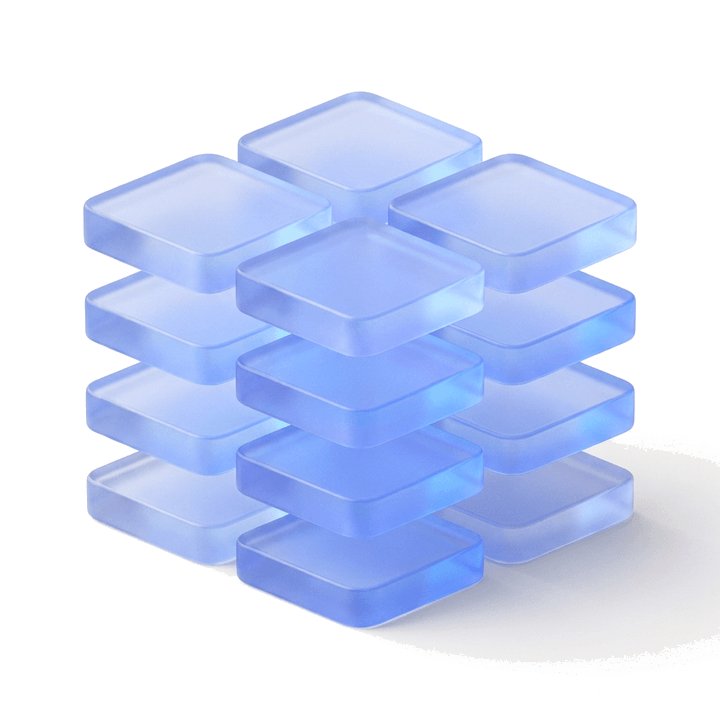 One glass module repeated into an aligned grid receding into depth — replication with structure