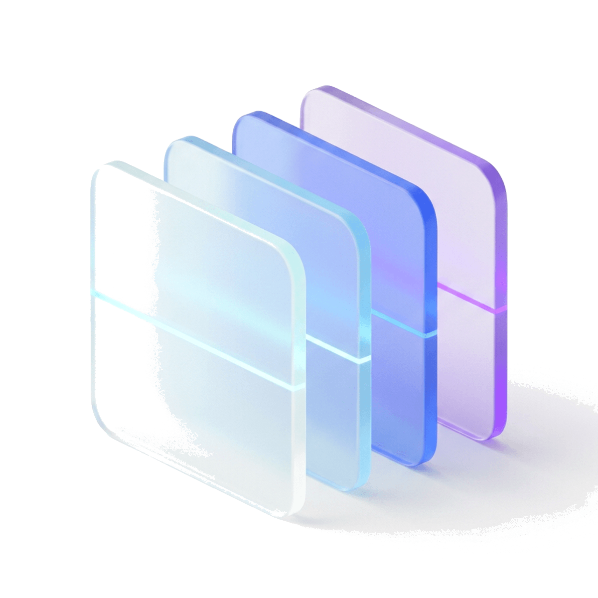 Four translucent glass plates fanned out, tied together by a single line of light — four convictions, one operating system