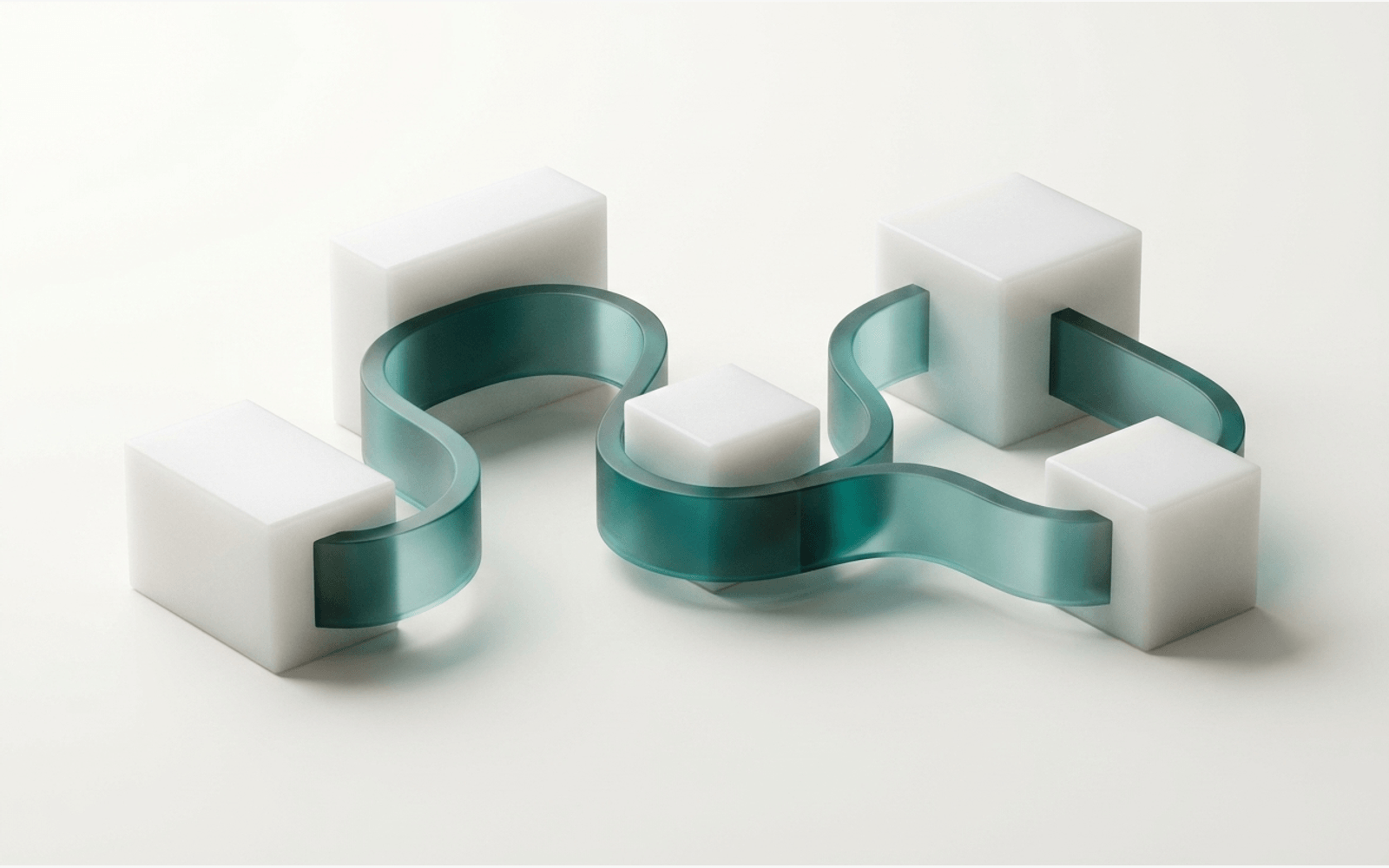 A single teal glass ribbon threading through five separate blocks — one connecting layer across disconnected systems