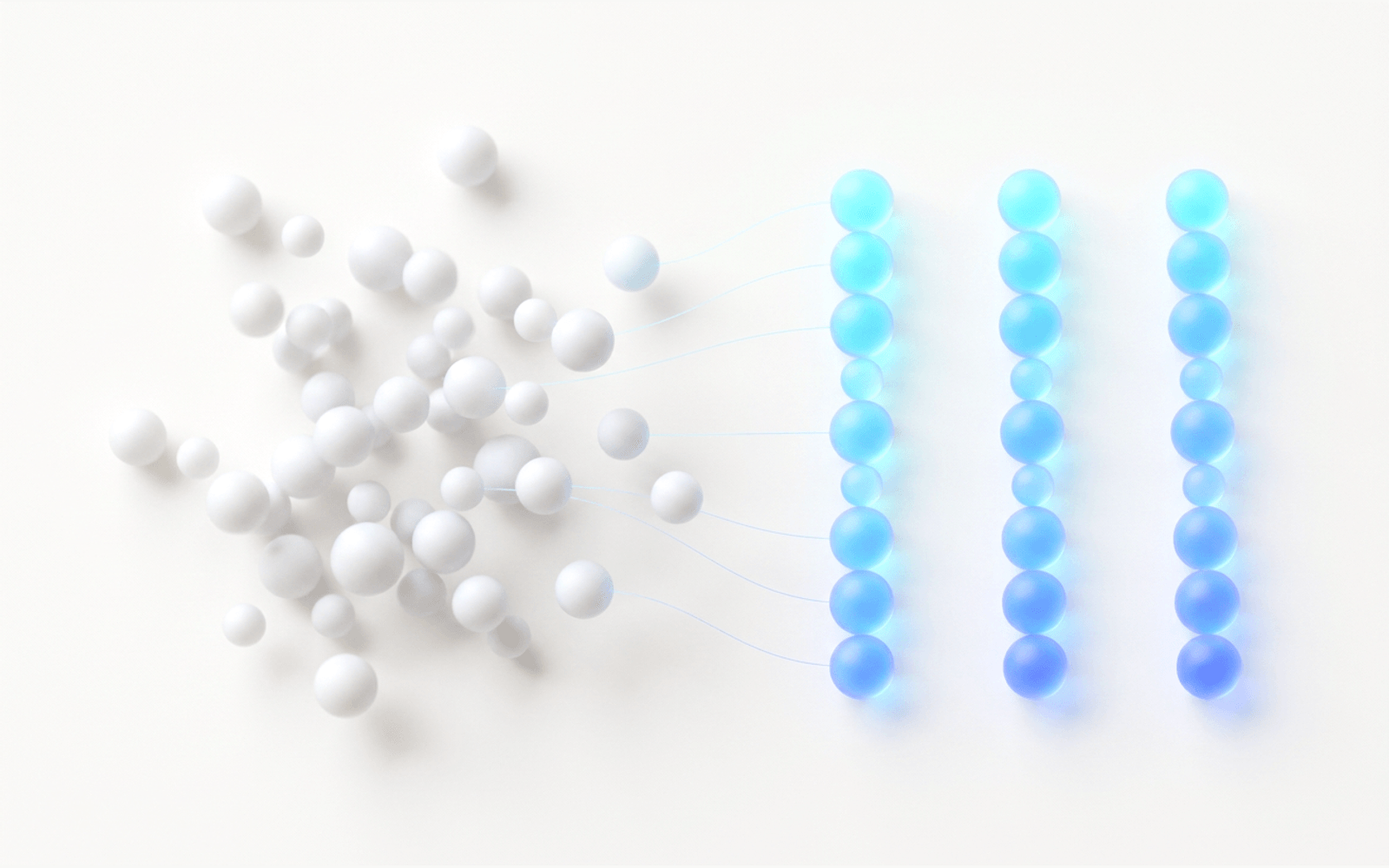 Scattered glass spheres resolving into ordered columns — automated candidate matching